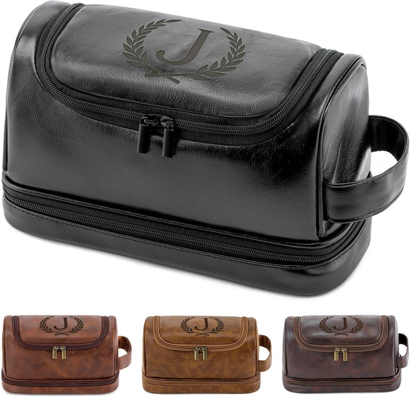 Aganmi Personalized Christmas Birthday Gifts Toiletry Bag for Men Dad Husband, Custom Initial PU Leather Waterproof Toiletry Organizer Dopp Kit Shaving Bag Travel Essential for Men, Black J - Image 1